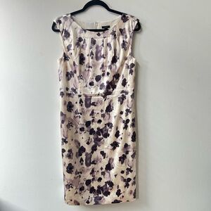 Ann Taylor Silky Midi Sleeveless Gathered Neckline Women's Cream and Purple Flor